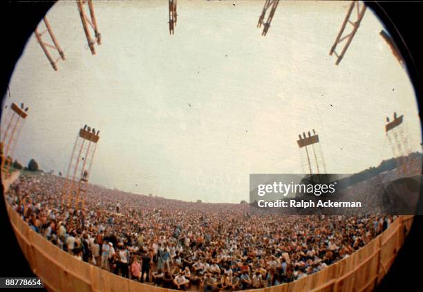 View of the crowd at the Woodstock Music Festival taken from the main stage, Bethel, NY, August 1969.