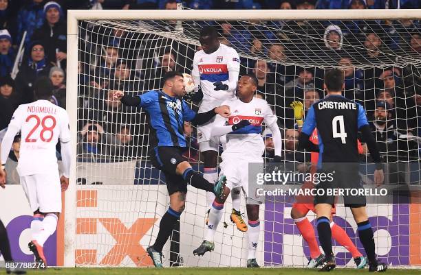 Atalanta's forward Andrea Petagna scores during the UEFA Europa League group E football match Atalanta vs Olympique Lyonnais at The Mapei Stadium in...