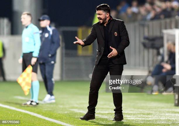 Milan's head coach Gennaro Gattuso gives his instructions during the UEFA Europa League Group D football match between HNK Rijeka and AC Milan at the...