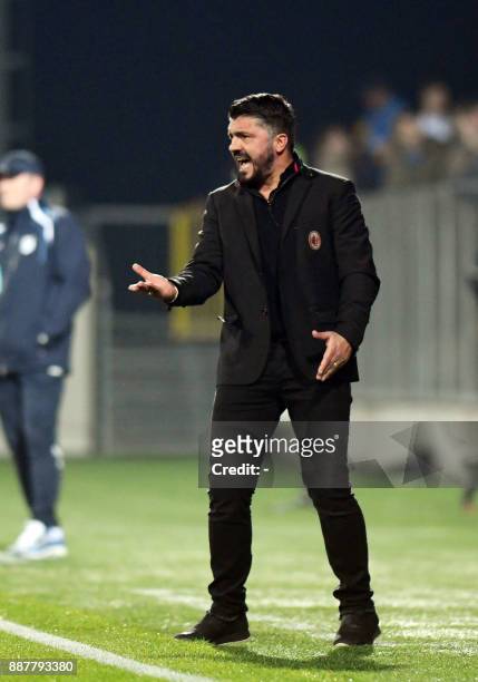 Milan's head coach Gennaro Gattuso gives his instructions during the UEFA Europa League Group D football match between HNK Rijeka and AC Milan at the...