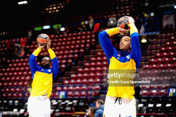 Malcolm Thomas, #23 and Charles Jenkins, #22 of Khimki Moscow Region during the warm-up before 2017/2018 Turkish Airlines EuroLeague Regular Season...