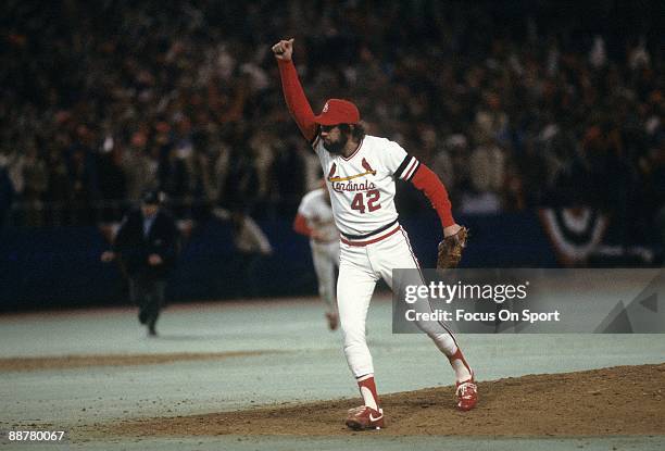 Pitcher Bruce Sutter throws his hand in the air after the Cardinal defeat the Milwaukee Brewers in game seven to win the 1982 World Series at Busch...