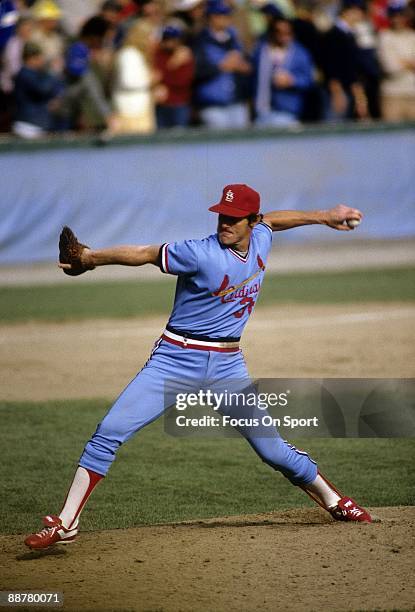 Pitcher Jim Kaat of the St. Louis Cardinals throws a pitch during the 1982 World Series at County Stadium in October 1982 in Milwaukee, Wisconsin.The...
