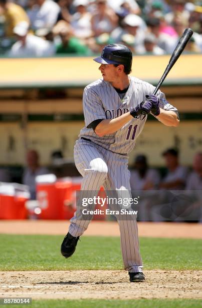 Brad Hawpe of the Colorado Rockies bats against the Oakland Athletics at the Oakland Coliseum on June 28, 2009 in Oakland, California.