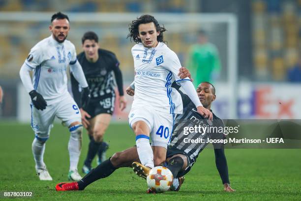 Mykola Shaparenko of FC Dynamo Kyiv is tackle during the UEFA Europa League group B match between FC Dynamo Kyiv and FK Partizan Belgrade at NSK...