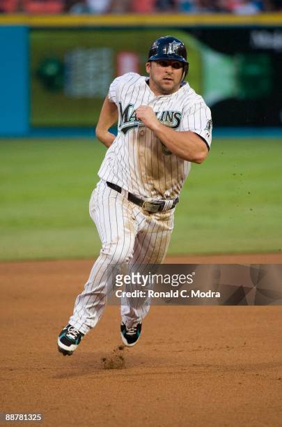 Dan Uggla of the Florida Marlins runs to third base during a MLB game against the Baltimore Orioles at LandShark Stadium on June 24, 2009 in Miami,...