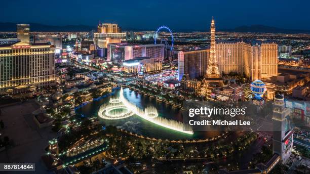 aerial las vegas strip at night - vegas fountain stock pictures, royalty-free photos & images