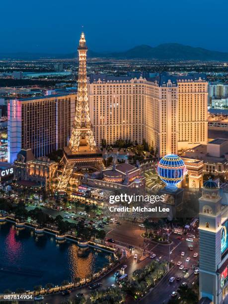 aerial las vegas strip at night - las vegas fountain stock pictures, royalty-free photos & images