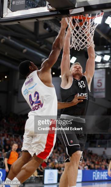 Leon Radosevic, #43 of Brose Bamberg competes with Kyle Hines, #42 of CSKA Moscow in action during the 2017/2018 Turkish Airlines EuroLeague Regular...