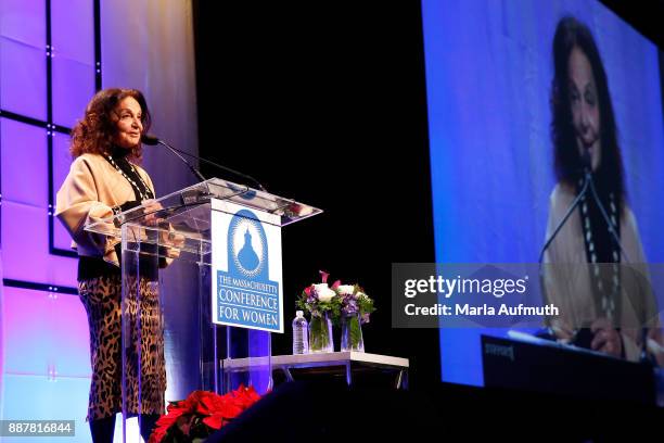 Designer Diane von Furstenberg speaks during the Massachusetts Conference for Women 2017 at the Boston Convention Center on December 7, 2017 in...