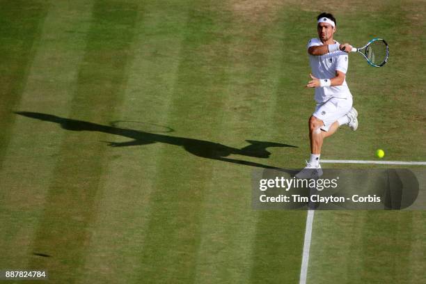 Fabio Fognini of Italy in action against Andy Murray of Great Britain on Centre Court in the Gentlemen's Singles competition during the Wimbledon...