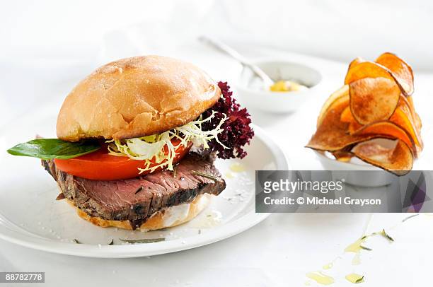 beef tenderloin sandwich - sweet potato fries stock pictures, royalty-free photos & images