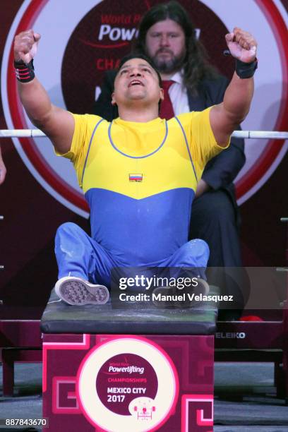 Jainer Cantillo of Colombia celebrates during the Men's Up to 80Kg Group A Category as part of the World Para Powerlifting Championship Mexico 2017...