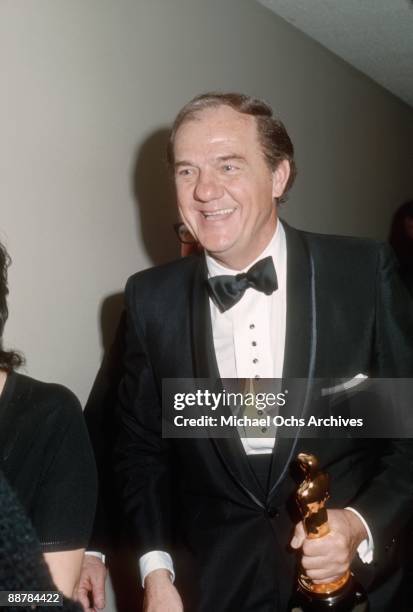 Actor Karl Malden holds the Academy Award for best director for "Patton" that he picked up for Franklin J. Schaffner on April 15, 1971 in Los...