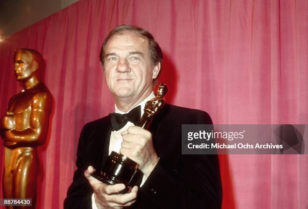 Actor Karl Malden holds the Academy Award for best director for "Patton" that he picked up for Franklin J. Schaffner on April 15, 1971 in Los...