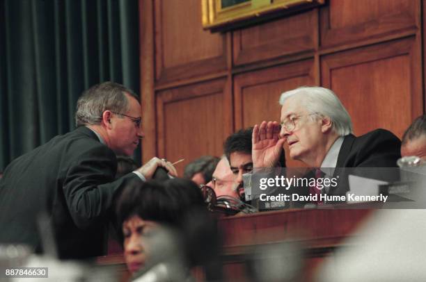 Representative Henry Hyde chairs the House Judiciary Committee meeting during deliberations of the proposed articles of impeachment, December 11,...