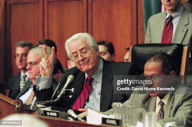 Representative Henry Hyde chairs the House Judiciary Committee meeting during deliberations of the proposed articles of impeachment, December 11,...