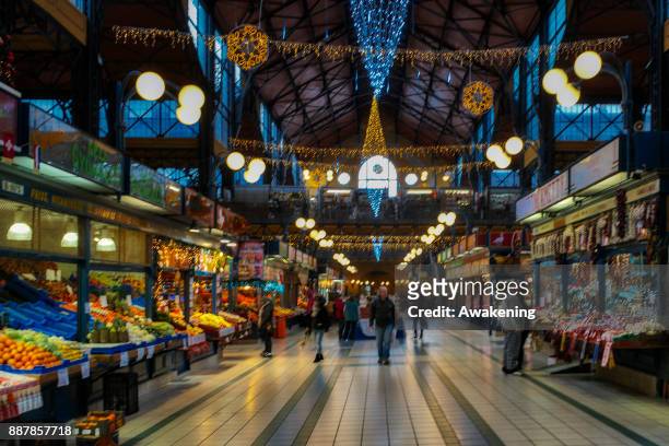 General view of the Christmas decorated Great Market Hall on December 7, 2017 in Budapest, Hungary. The traditional Christmas market and lights will...