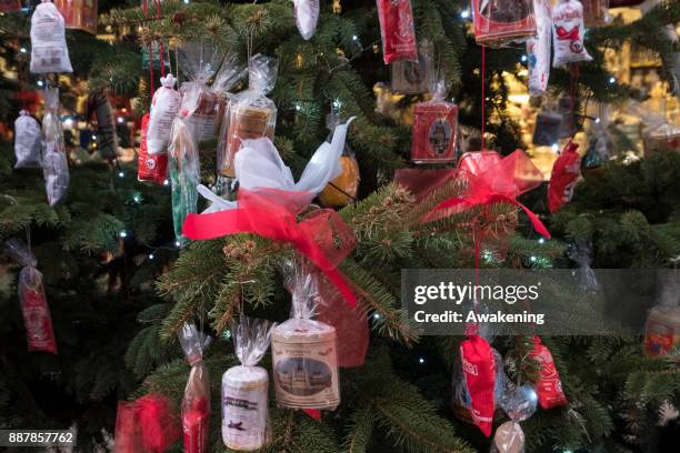 Detailed view of a Christmas tree decorated with Paprika on December 7, 2017 in Budapest, Hungary. The traditional Christmas market and lights will...