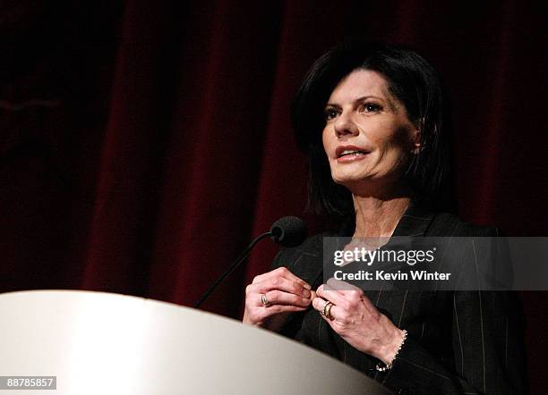 Pam McMahon speaks during Ed McMahon's memorial service hosted by NBC held at the Academy of Television Arts & Sciences on July 1, 2009 in North...