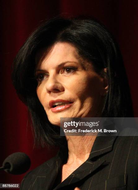 Pam McMahon speaks during Ed McMahon's memorial service hosted by NBC held at the Academy of Television Arts & Sciences on July 1, 2009 in North...