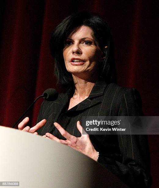 Pam McMahon speaks during Ed McMahon's memorial service hosted by NBC held at the Academy of Television Arts & Sciences on July 1, 2009 in North...