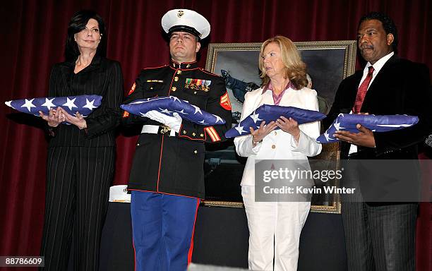 Pam McMahon, Lex McMahon, Claudia McMahon, and Bernard Rentro attend Ed McMahon's memorial service hosted by NBC held at the Academy of Television...