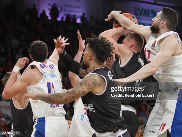 Leon Radosevic, #43 of Brose Bamberg competes with Nikita Kurbanov, #41 of CSKA Moscow in action during the 2017/2018 Turkish Airlines EuroLeague...