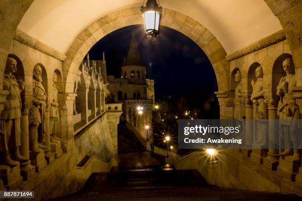 Detail view from Fisherman's bastions on December 7, 2017 in Budapest, Hungary. The traditional Christmas market and lights will stay until 31st...