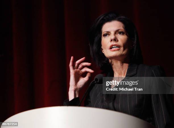 Pam McMahon speaks during Ed McMahon's memorial service hosted by NBC held at the Academy of Television Arts & Sciences on July 1, 2009 in North...