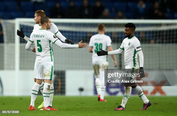 Georgi Terziev and Cicinho of PFC Ludogorets Razgrad celebrate following the UEFA Europa League group C match between 1899 Hoffenheim and PFC...