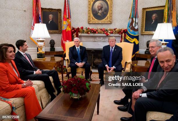 President Donald Trump, alongside Vice President Mike Pence , meets with Congressional leadership including Senate Majority Leader Mitch McConnell ,...