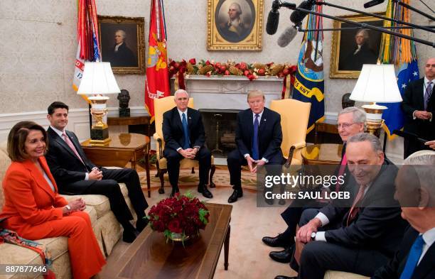 President Donald Trump, alongside Vice President Mike Pence , meets with Congressional leadership including Senate Majority Leader Mitch McConnell ,...