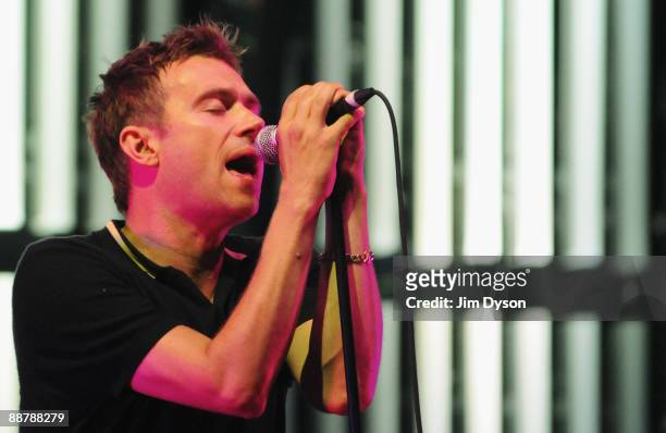 Damon Albarn of Blur performs on the Pyramid Stage during day 4 of the Glastonbury Festival at Worthy Farm in Pilton, Somerset on June 28, 2009 near...