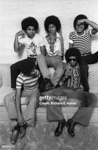 The Jacksons pose for a group portrait, back: Tito Jackson, Michael Jackson and Marlon Jackson, front: Randy Jackson and Jackie Jackson, in New York...