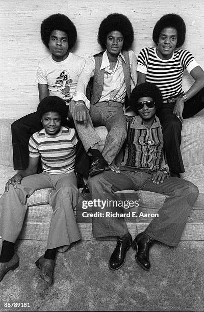 The Jacksons pose for a group portrait, back: Tito Jackson, Michael Jackson and Marlon Jackson, front: Randy Jackson and Jackie Jackson, in New York...