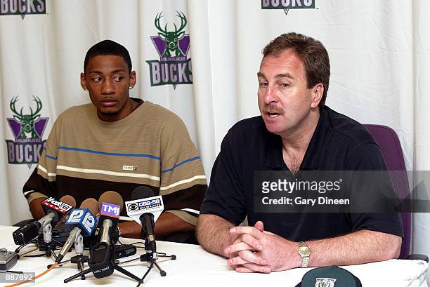 Milwaukee Bucks General Manager Ernie Grunfeld introduces first round draft pick Marcus Haislip to local media at the Bucks Training facility on July...