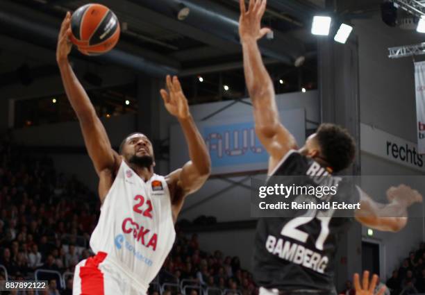 Cory Higgins, #22 of CSKA Moscow competes with Augustine Rubit, #21 of Brose Bamberg in action during the 2017/2018 Turkish Airlines EuroLeague...