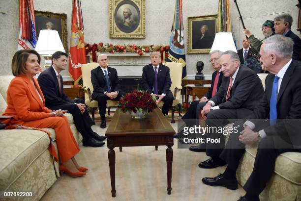 President Donald Trump and Vice President Mike Pence meet with Congressional leadership including House Minority Leader Rep. Nancy Pelosi , House...