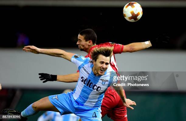 Nill De Pauw midfielder of SV Zulte Waregem scores the opening goal in the back of Patric defender of S.S. Lazio during the UEFA Europa League group...
