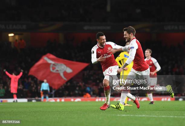 Mathieu Debuchy celebrates scoring for Arsenal with Francis Coquelin during the UEFA Europa League group H match between Arsenal FC and BATE Borisov...