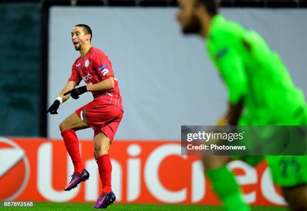 Nill De Pauw midfielder of SV Zulte Waregem celebrates scoring the opening goal during the UEFA Europa League group K stage match between SV Zulte...