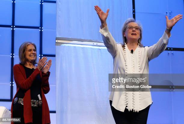 Meryl Streep, right, gestures to the crowd after speaking during the Keynote Luncheon at The Massachusetts Conference For Women at the Boston...