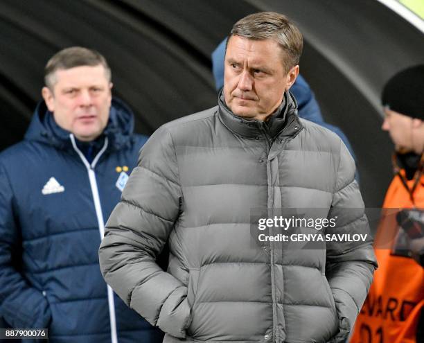 Dynamo's head coach Aleksandr Khatskevich reacts during the UEFA Europa League Group B football match between Dynamo Kiev and Partizan Belgrade on...