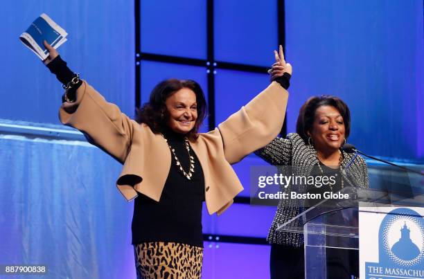 Karen Holmes Ward, Host and Executive Producer, CityLine, WCVB-TV, right, brings fashion designer Diane von Furstenberg back out to the stage to take...