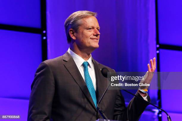 Massachusetts Governor Charlie Baker speaks during the Keynote Luncheon at The Massachusetts Conference For Women at the Boston Convention and...