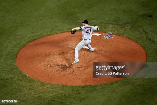 Chris Devenski of the Houston Astros pitches during Game 1 of the 2017 World Series against the Los Angeles Dodgers at Dodger Stadium on Tuesday,...