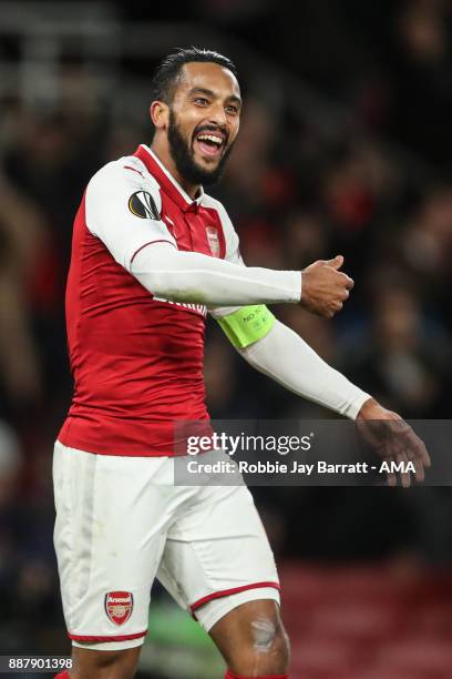 Theo Walcott of Arsenal celebrates after scoring a goal to make it 2-0 during the UEFA Europa League group H match between Arsenal FC and BATE...