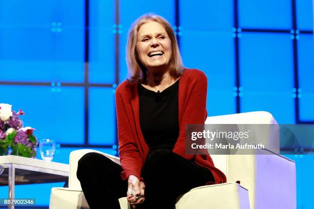 Activist Gloria Steinem speaks during the Massachusetts Conference for Women 2017 at the Boston Convention Center on December 7, 2017 in Boston,...