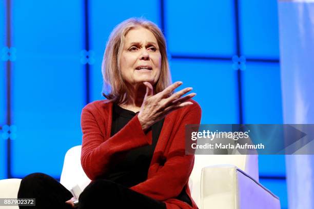 Activist Gloria Steinem speaks during the Massachusetts Conference for Women 2017 at the Boston Convention Center on December 7, 2017 in Boston,...